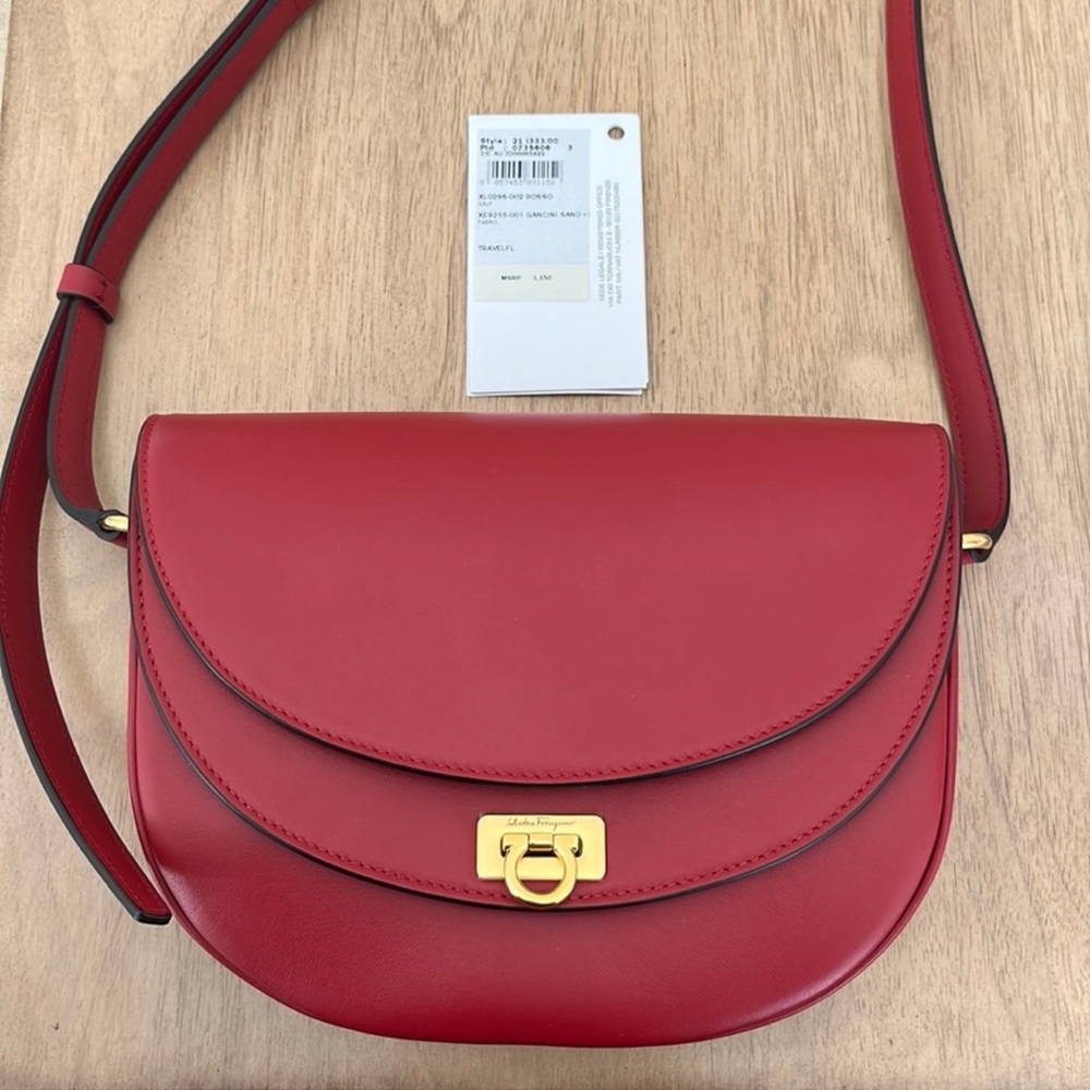 Salvatore Ferragamo Gancini Double Flap Crossbody Bag in Red Leather